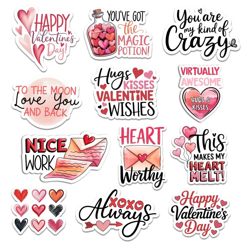 12 Pcs Valentine Quote Love Stickers Cute Romantic Message Designs Gifts for Teens Girls Wife Husband Boyfriend Girlfriend for Laptop Water Bottle Tumbler Notebook Journal Scrapbook Phone 5 Inches