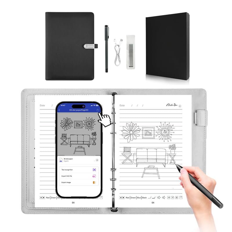 Digital Notebook with Smart Pen & U Disk, 94 Sheet Real Paper Note-Taking, Real-Time Sync & Digital Storage, Playback & Sharing via APP, iOS/Android Compatible (Black)