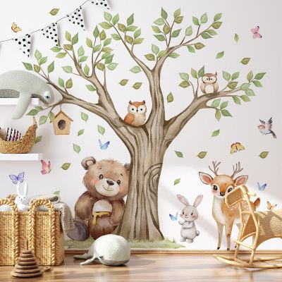 Tree and Animal Wall Decals for Baby Nursery, Large Peel and Stick Woodland Wall Stickers, Removable Baby Room Wall Decor
