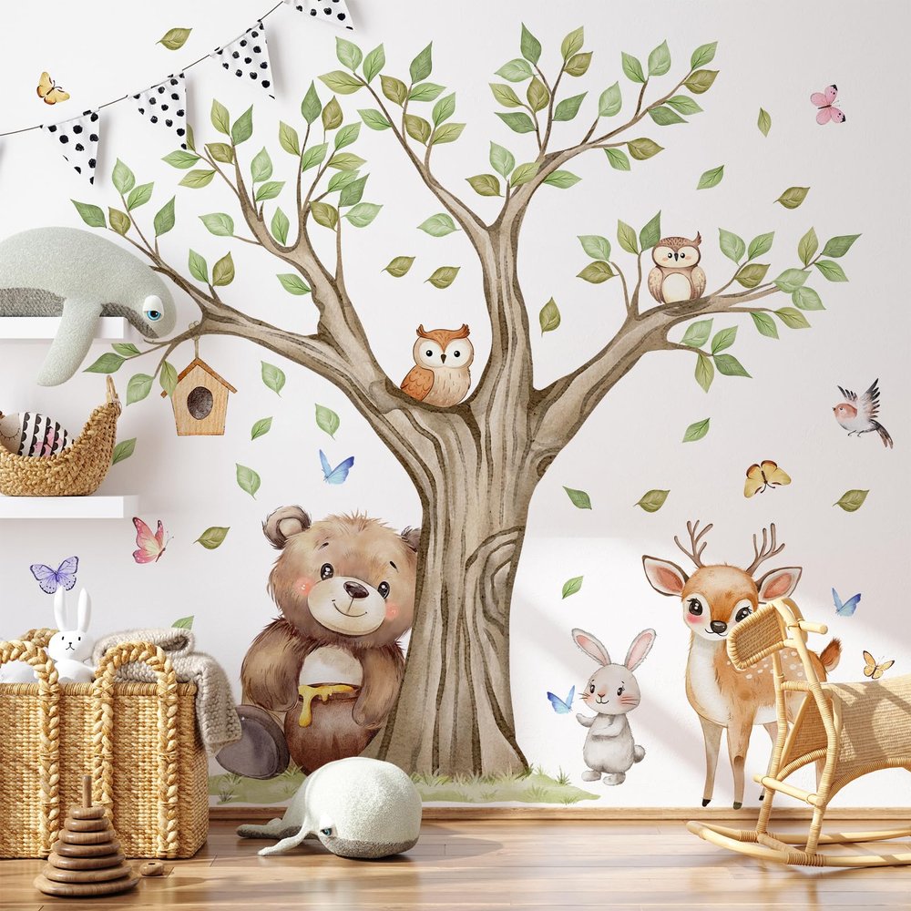 Tree and Animal Wall Decals for Baby Nursery, Large Peel and Stick Woodland Wall Stickers, Removable Baby Room Wall Decor
