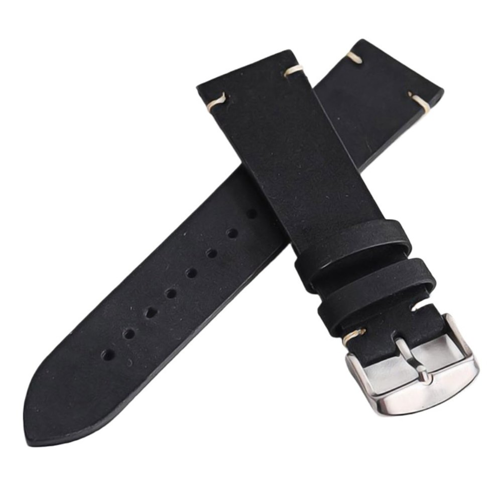 HuanJ Stitching Cowhide Strap 18mm 20mm 22mm 24mm Vintage Leather Watch Band Butterfly Buckle(1-Black-S,18mm)