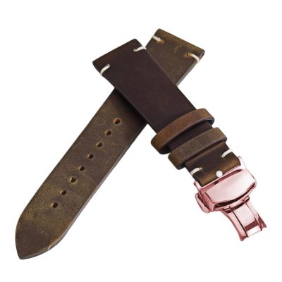 HuanJ Stitching Cowhide Strap 18mm 20mm 22mm 24mm Vintage Leather Watch Band Butterfly Buckle(4-Brown-RG,20mm)