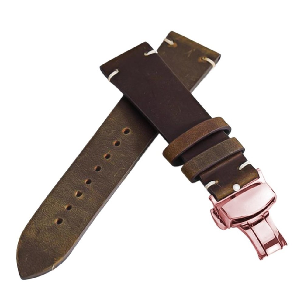 HuanJ Stitching Cowhide Strap 18mm 20mm 22mm 24mm Vintage Leather Watch Band Butterfly Buckle(4-Brown-RG,20mm)