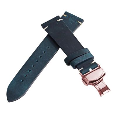 HuanJ Stitching Cowhide Strap 18mm 20mm 22mm 24mm Vintage Leather Watch Band Butterfly Buckle(4-Blue-RG,22mm)