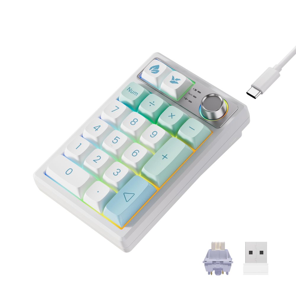 MYKYLIN Mechanical Numpad Gasket Mounted with Creamy Sound, Bluetooth/2.4G/USB-C, Programmable Macro Numeric Keypad Rechargeable Number Pad Hot Swappable RGB Backlit Metal Knob for Win/Mac, Mint