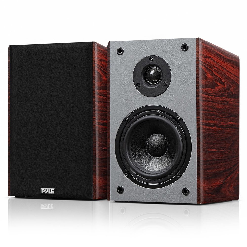 Pyle 6.5" Home Audio Speakers, 2-Way Passive Bookshelf, 240W Max Power, 1" Silk Dome Tweeter, Composite Woofer, Gold Plated 5 Way Binding Post, Rubber Surrounds, Beautiful Wood Grain Finish - Pair