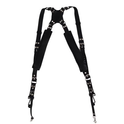 WAHEWUD Leather Double Camera Shoulder Strap Adjustable Dual Camera Harness for SLR DSLR Mirrorless Cameras (Shoulders black)