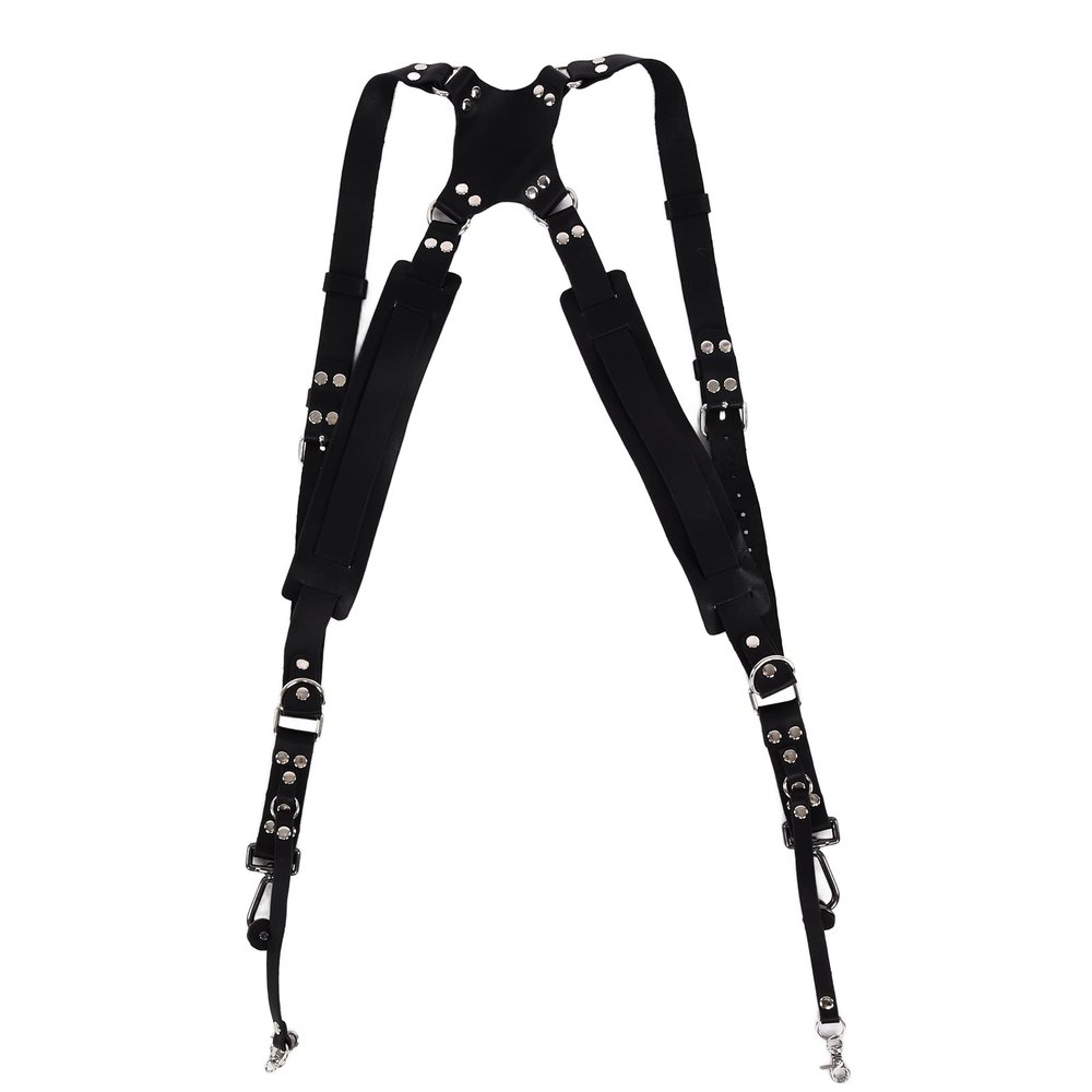 WAHEWUD Leather Double Camera Shoulder Strap Adjustable Dual Camera Harness for SLR DSLR Mirrorless Cameras (Shoulders black)
