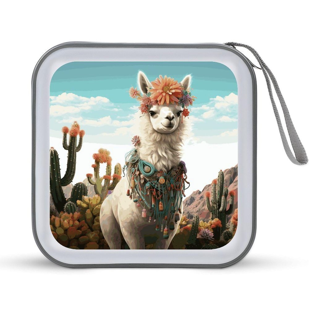 FekiLoot Mexican Llama Cactus CD Case 40 Capacity DVD Case Holders Hard Plastic Disc Wallet Storage Binder Portable Zipper CD Collection Bag Large Disc Organizer Car Home Travel