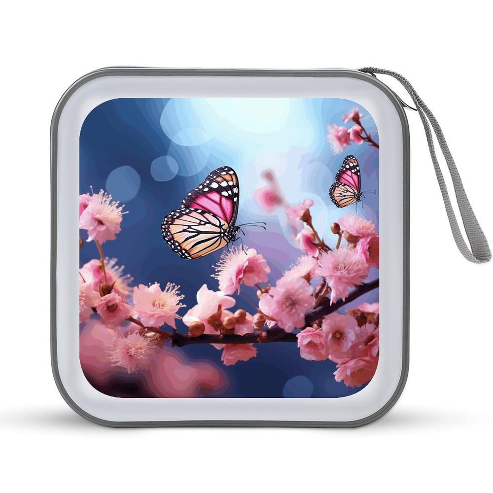 FekiLoot Pink Flowers Butterflies CD Case 40 Capacity DVD Case Holders Hard Plastic Disc Wallet Storage Binder Portable Zipper CD Collection Bag Large Disc Organizer Car Home Travel