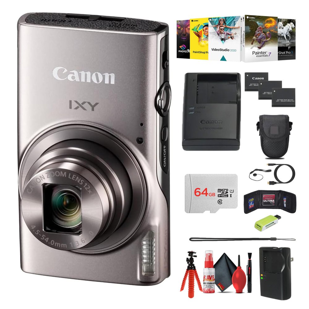 Canon IXY 650 HS M Compact Digital Camera Silver | 12x Optical Zoom Travel-Friendly Point & Shoot | Bundle with 64GB Card, Camera Bag, Tripod, Cleaning Kit + More