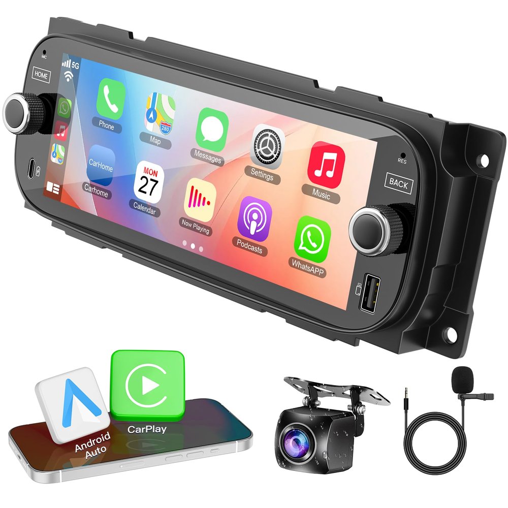 4+64G Car Radio with Quick Charging for Dodge Ram&Jeep Wrangler Grand Cherokee, 6.8 Inch Car Stereo Built-in Carplay Android Auto,GPS Navigation, Back-up Camera, Bluetooth,Android 13