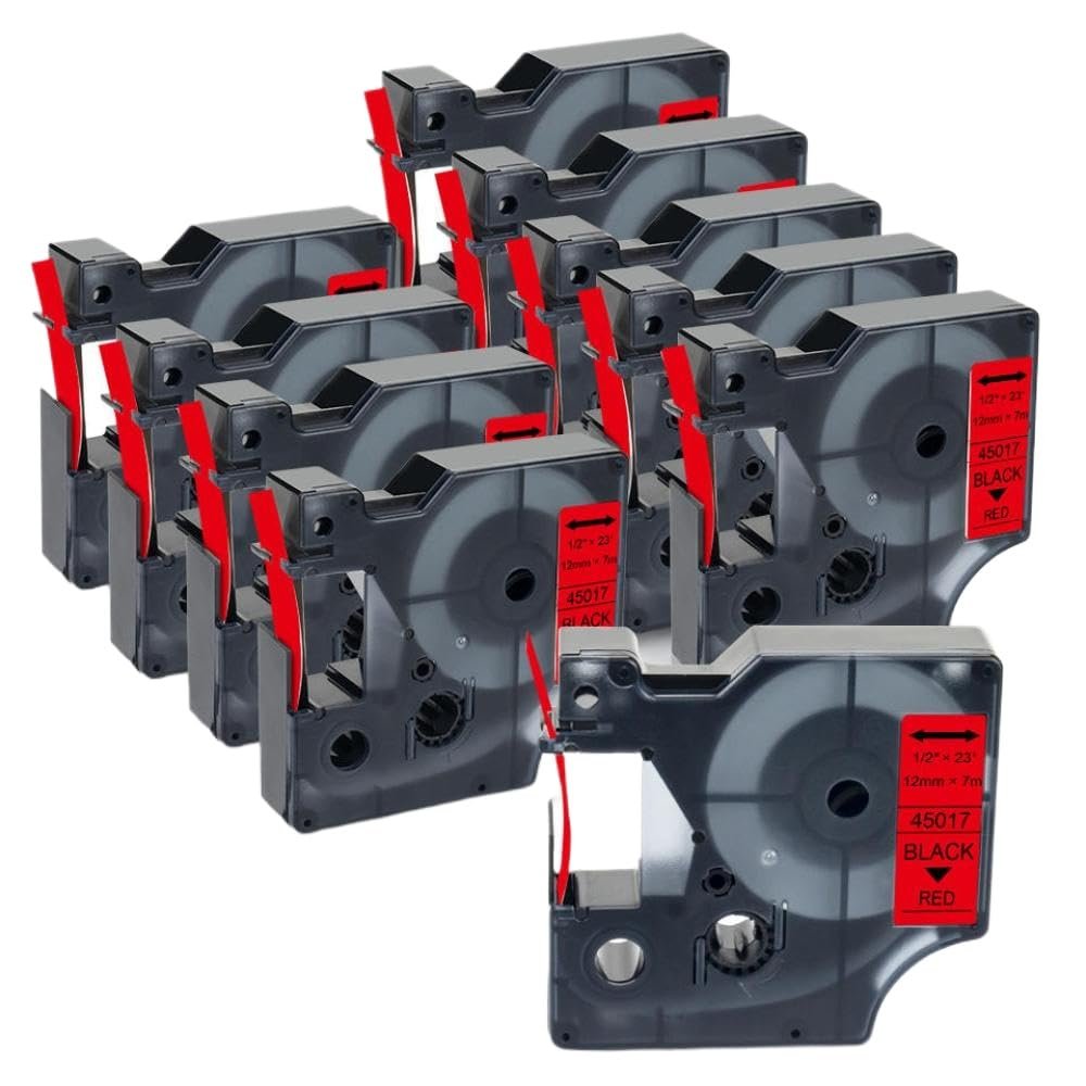 10PK 12mm 45013 Black On White Label Tapes for D1 45013 Compatible with Label Manager 160 280 210 450 LM160 Label Maker(Black on Red)