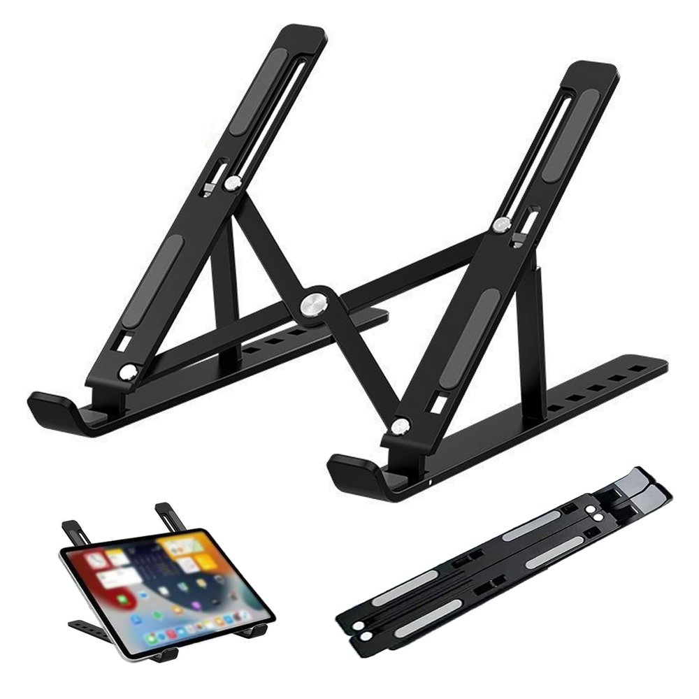 Adjustable Laptop Stand with Non-Slip Silicone, Aluminum Alloy, 7-Gear Height Settings, Foldable Desktop Holder, 2.1-5.9 Inch Elevation (Black)