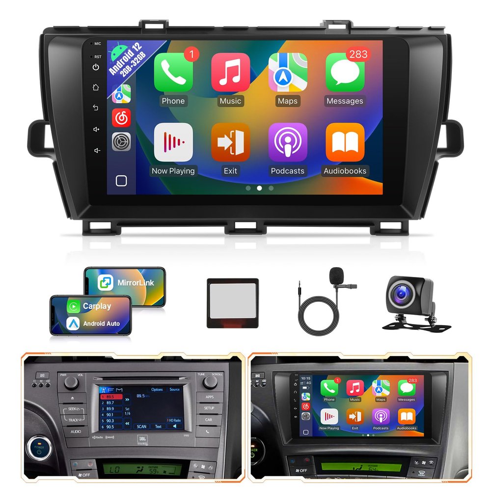 2+32GB Android 12 Car Radio Stereo for Toyota Prius 2010-2015 with Carplay Android Auto - 9inch Touch Screen for Prius Head Unit with BT WiFi GPS SWC +Rear Camera+CANBUS - for Big Screen with J.B.L