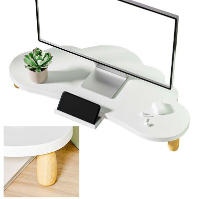 Corner Monitor Stand White Desk Corner Shelf with Drawer, Computer Monitor Laptop Stand Riser, Cloud Shape Cute Office Desktop Storage with Adjustable Legs (Color : White - Wooden