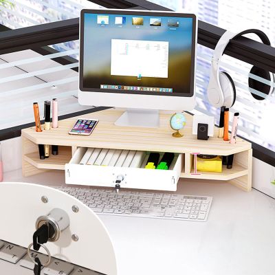 2 Tiers Triangle Monitor Stand Riser, Ergonomic Corner Monitor Stand with Locking Drawer, Desktop Organizer Shelf for Study Room/Office (Color : Maple)