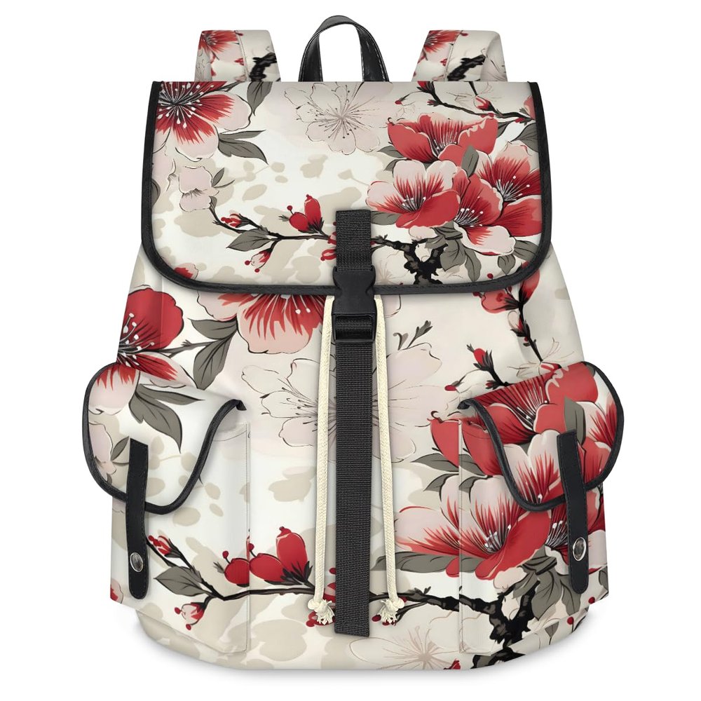 Adornori Cherry Blossom Red Pink Floral Travel Laptop Backpack for Women Men Large Capacity Waterproof 15 Inch Computer Drawstring Nurse Casual Daypack for Travel Sports