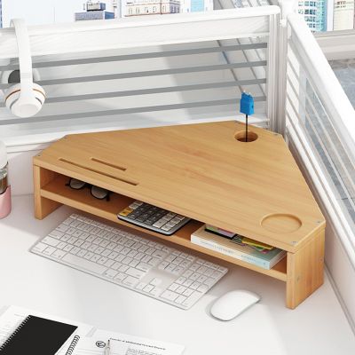 2 Tiers Triangle Bamboo Monitor Stand, Ergonomic Desktop Corner Monitor Riser with Phone Holder, Multi-Purpose Desk Storage Shelf for Enterprise