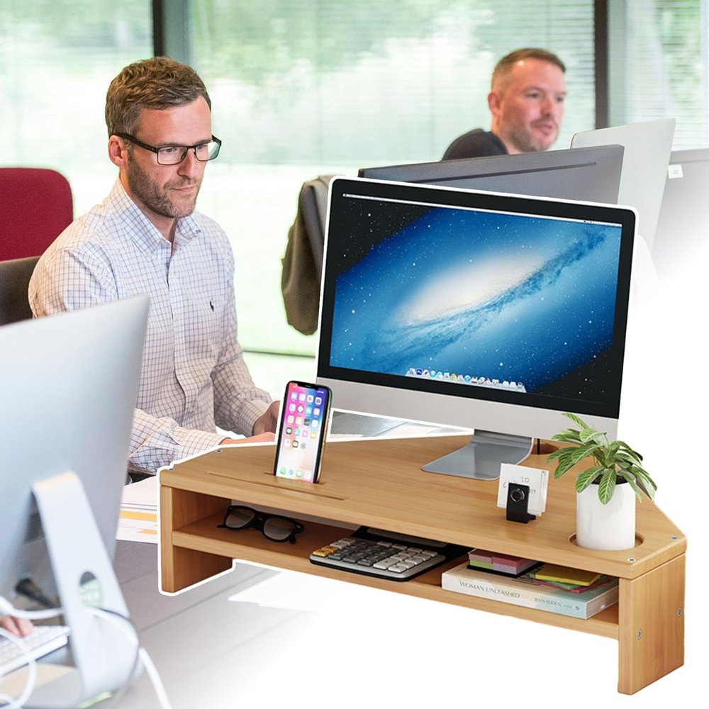 2 Tiers Bamboo Corner Monitor Stand, Triangular Computer Monitor Riser with Cell Phone Holder, Desktop Organizer Stand for Study Room  Office(Natural)