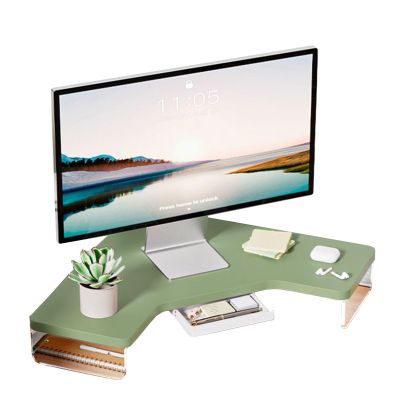 Corner Monitor Stand Clear Acrylic Leg Wood Corner Screen Stand, L-Shape Desk Triangle Riser for Monitor/Laptop/Computer, Corner Organizer with Drawer (Color : Green)