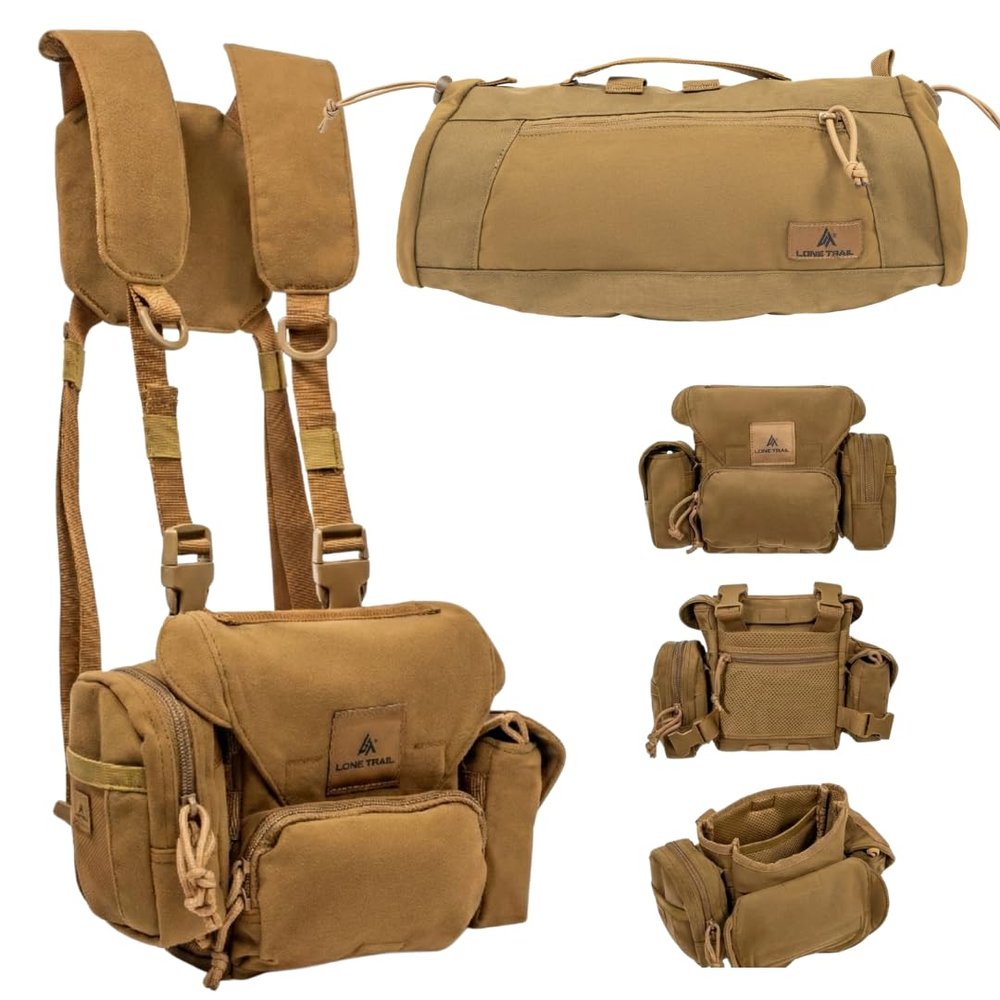 Lone Trail Binocular Harness & Hand Warmer Bundle Waterproof Bino Chest Pack with Rangefinder Pouch + Sherpa Fleece Hunting Hand Muff | Lightweight, Weather-Resistant Hunting Gear Set