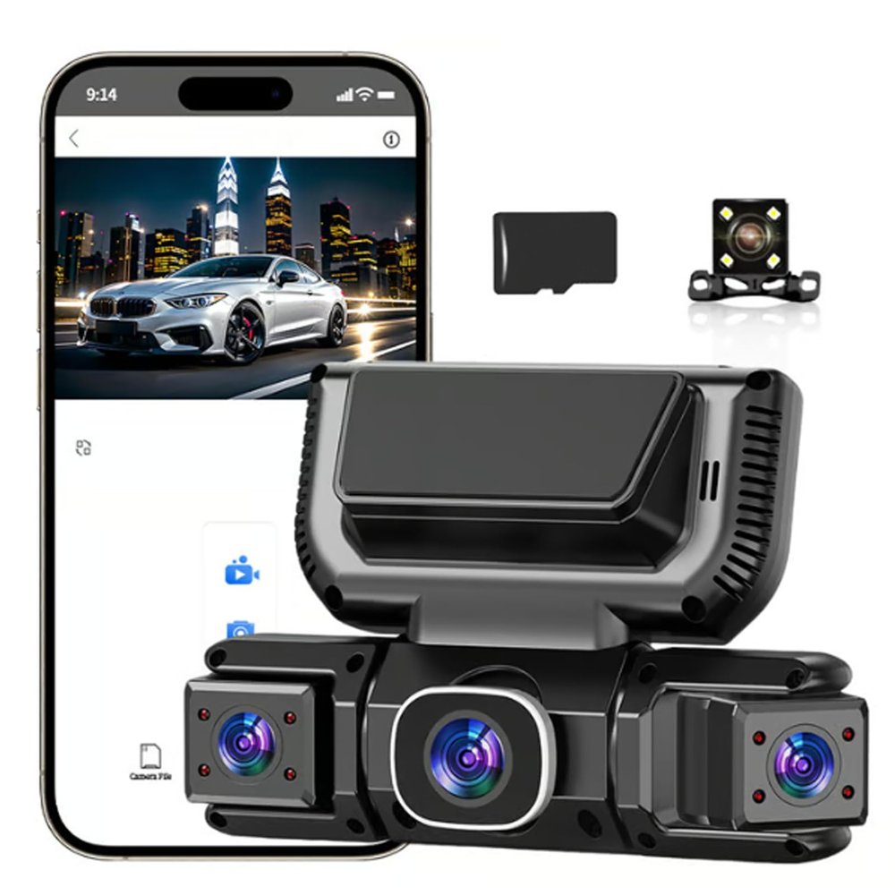 360 Car DVR WiFi 4Channels Dash Cam Video Recorder, with 32GB Card, 4 * 1080P Dash Camera for Cars Front and Rear Left Right, with 360 Surveillance APP Control (Four Lenses + WiFi)