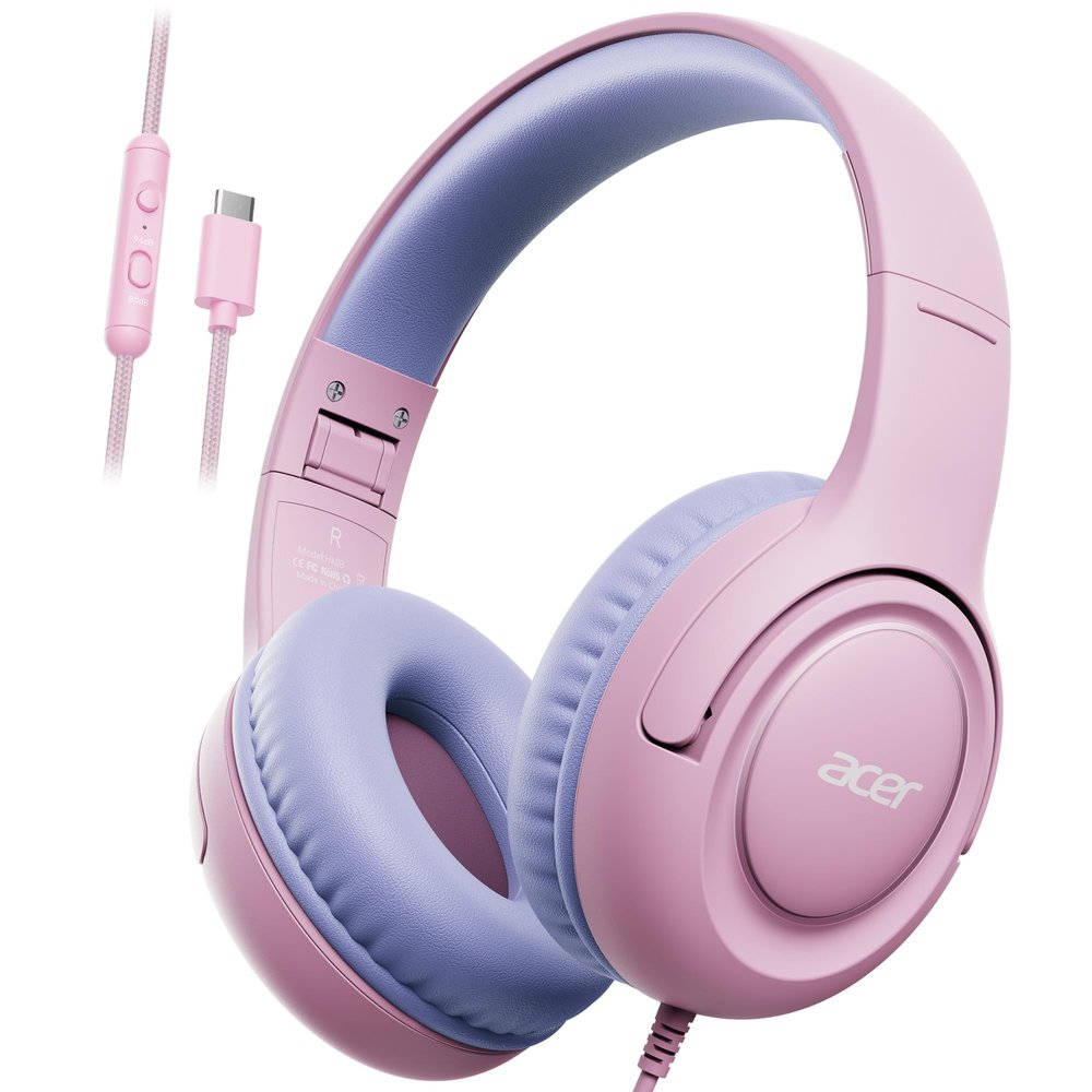 acer USB-C Kids Headphones - 85/94dB Safe Volume Limited, Foldable Wired Over Ear Headphones for Travel, Toddler Headphones for School, Travel, iPad, Tablet, Purple Pink, HK03C