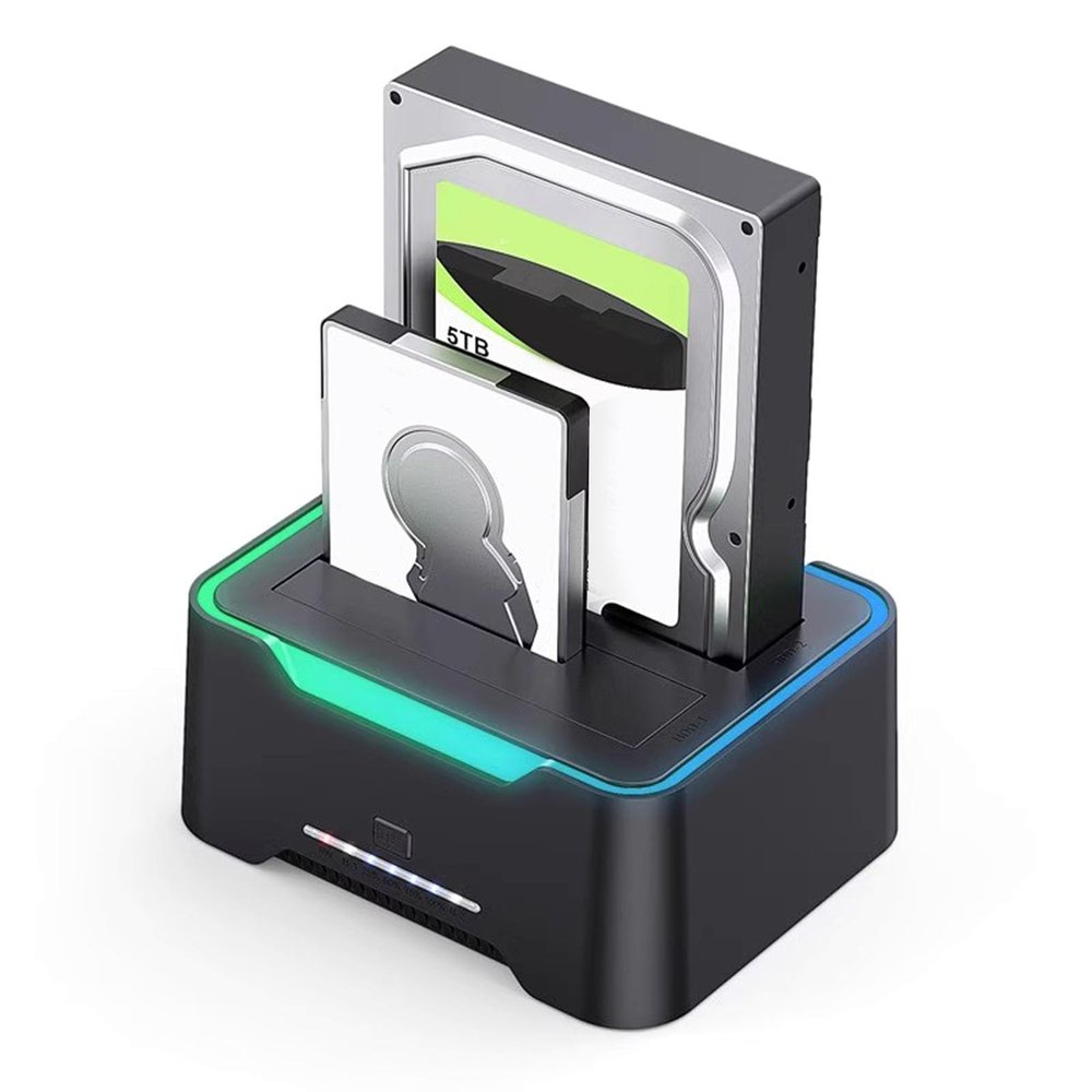 Gugxiom USB 3.0 to SATA Dual Bay External Hard Drive Docking Station for 2.5 or 3.5in HDD, SSD, with UASP, RGB Light, Hard Drive Duplicator, Cloner Function (US Plug)