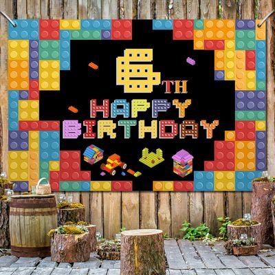 Happy 6th Birthday Lego Theme Birthday Backdrop Banner - 5.9x3.9FT Colorful Building Blocks Party Decorations, Fabric Photo Booth Background Sign for Boys Girls Indoor Outdoor
