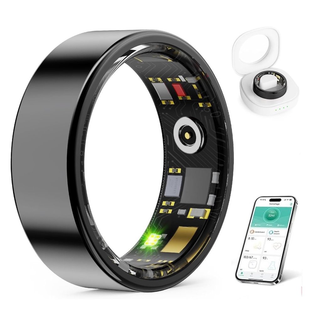 Smart Ring for Women Men Fitness Ring with Charging Dock,Efficient Chip Fitness Tracker, Monitors Heart, Blood Oxygen & Pressure, Sleep, Steps, Waterproof for iPhone and Android (Black, 11#(20.6mm))