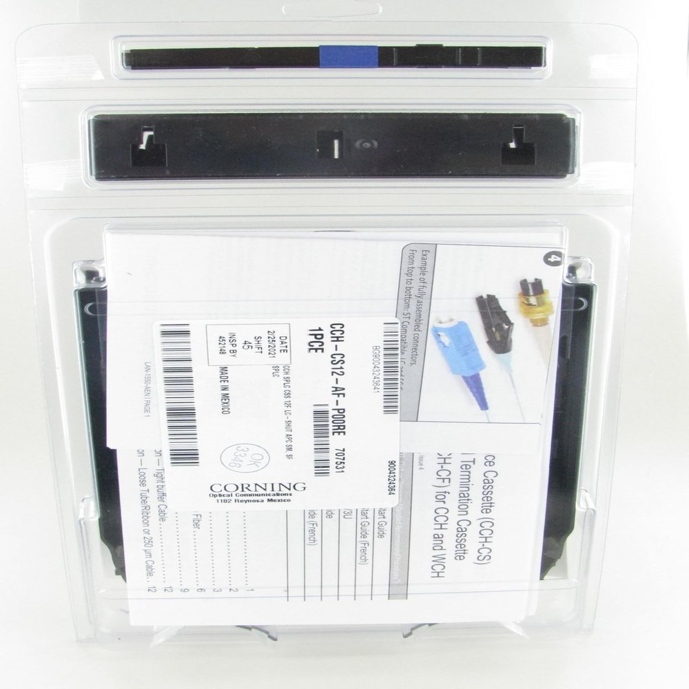 Corning CCH-CS12-AF-P00RE Pigtailed Splice Cassette, 12 Fiber, LC APC Duplex Shuttered Singlemode OS2