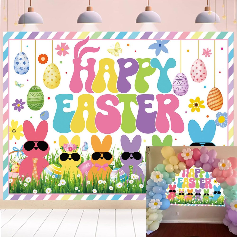 Happy Easter Backdrop Peeps 8x6FT Spring Colorful Eggs Bunny Easter Background Welcome Peeps Party Banner Decorations Photo Props