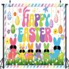 Happy Easter Backdrop Peeps 8x6FT Spring Colorful Eggs Bunny Easter Background Welcome Peeps Party Banner Decorations Photo Props view 2