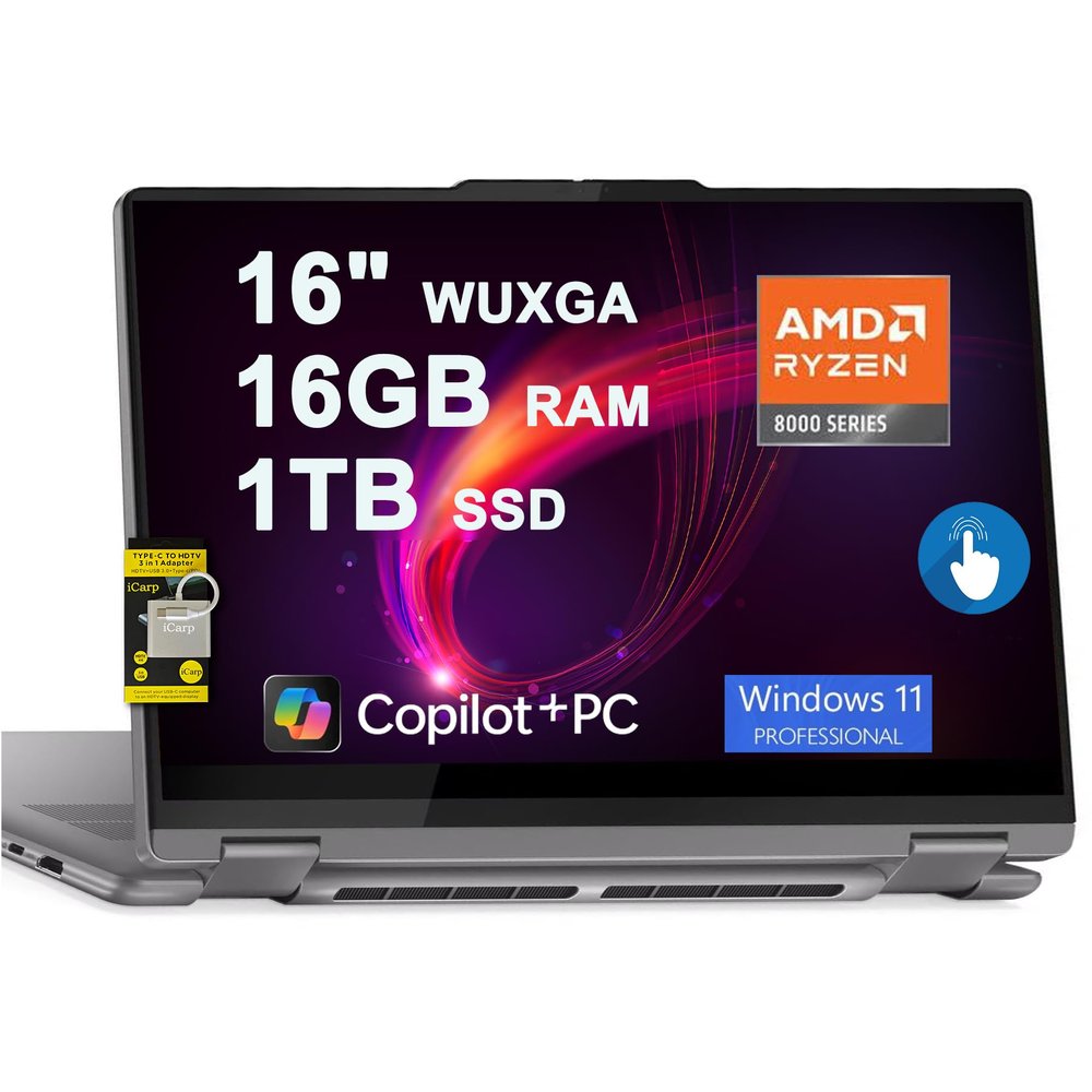 Lenovo Yoga 7 2-in-1 Laptop 16" WUXGA IPS Touch AMD 8-core Ryzen 7 8840HS (>i7-12700H) 16GB RAM 1TB SSD for Creator Designer Business Professional Win11Pro ICP Hub w/Copilot AI PC