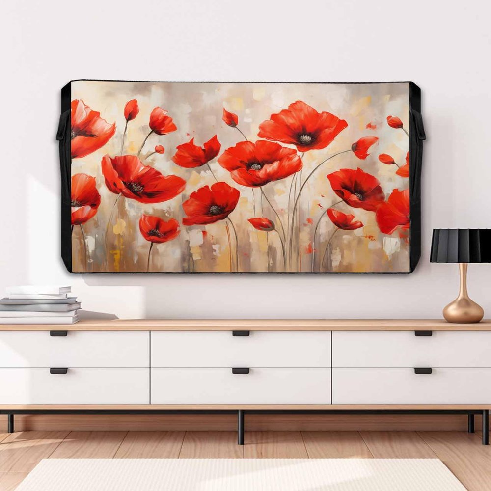 Spring Outdoor TV Cover for Outside Flat Screen,Red Poppy Flower 600D Thick Waterproof Weatherproof Outdoor TV Screen Protector with Zipper for 52 to 55 Inch Flat Screens Oil Painting Style