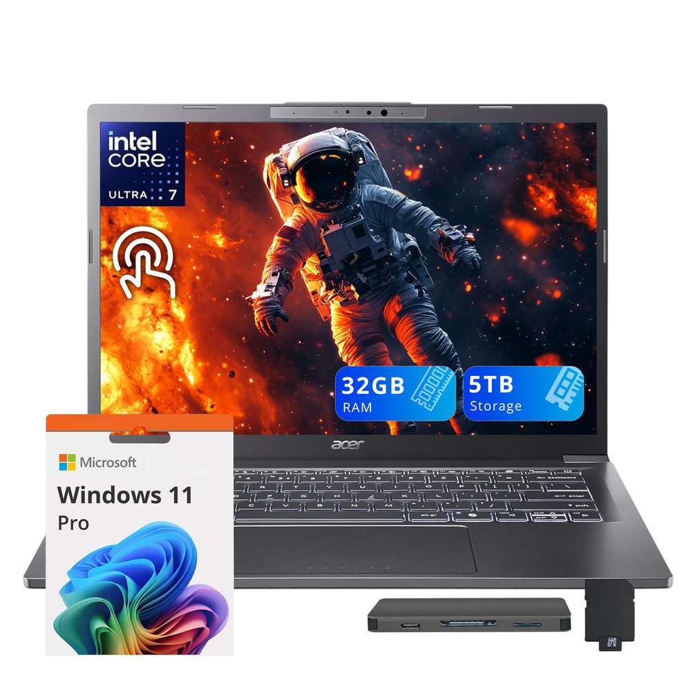 acer Aspire 14" WUXGA IPS Touchscreen Laptop, Intel Ultra 7 258V, 32GB RAM, 5TB Storage(4TB SSD + 1TB Docking Station Set), Intel ARC 140V, Backlit Keyboard, 1080p Camera, Wi-Fi 6E, Win 11 Pro, Gray