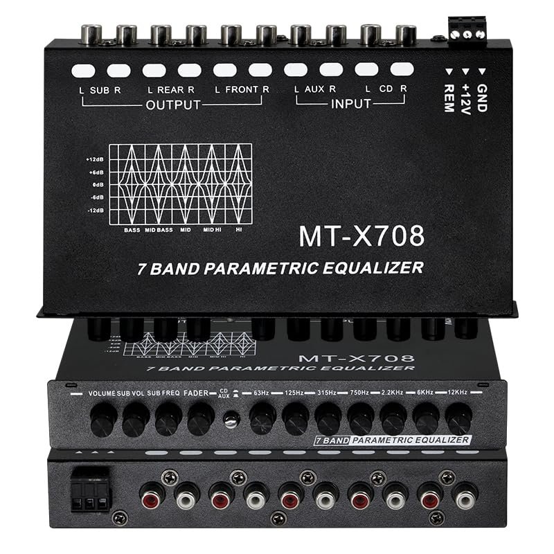 7-Band Car Audio Equalizer, Adjustable 7 Bands EQ Car Amplifier Graphic Equalizer with CD/AUX Input Select Switch, Front/Rear + Sub Output, for Boat RV RTV Motorcycle Car Stereo Tone Control. (EQ7)