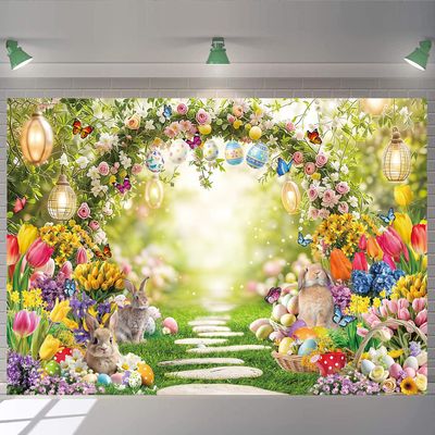 Spring Easter Photography Backdrop Enchanted Garden Arch Floral Rabbit Colorful Eggs Background for Spring Easter Theme Birthday Party Decorations Supplies (10x8FT: 120x96 inch)