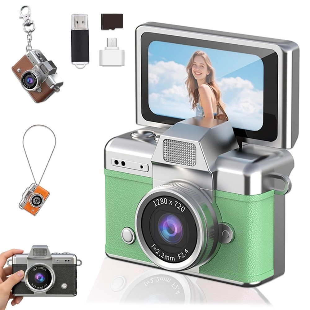 2026 New Mini Digital Camera with 1.47 in LCD Screen, Mini Retro Keychain Camera with 1080P HD Flip Screen, Built-in Flash, 32 or 64GB Card, Strap and Keychain for Travel & Daily Use (Green,32G)