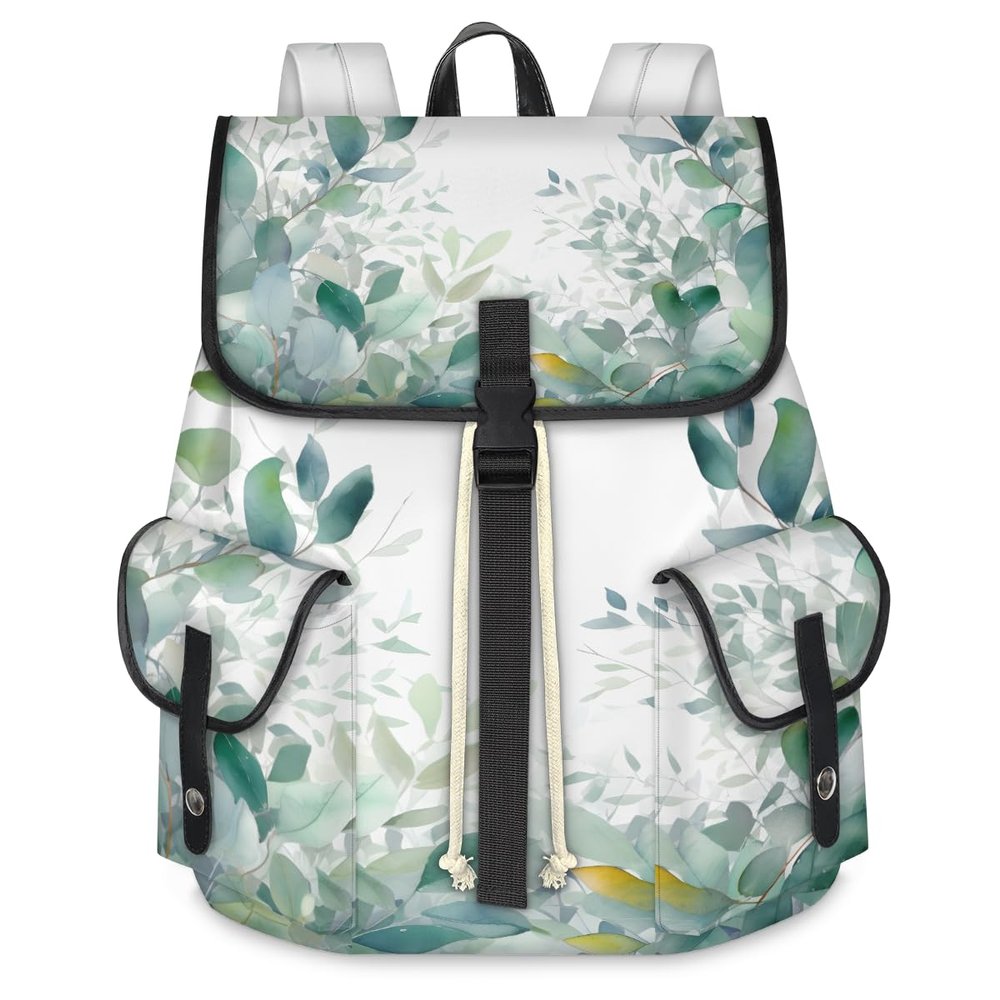 Adornori Eucalyptus Leaf Laptop Backpack 15 Inch Travel Computer Drawstring Bag for Work Business Waterproof Lightweight Casual Daypack for Women Men,Sage Green Plants