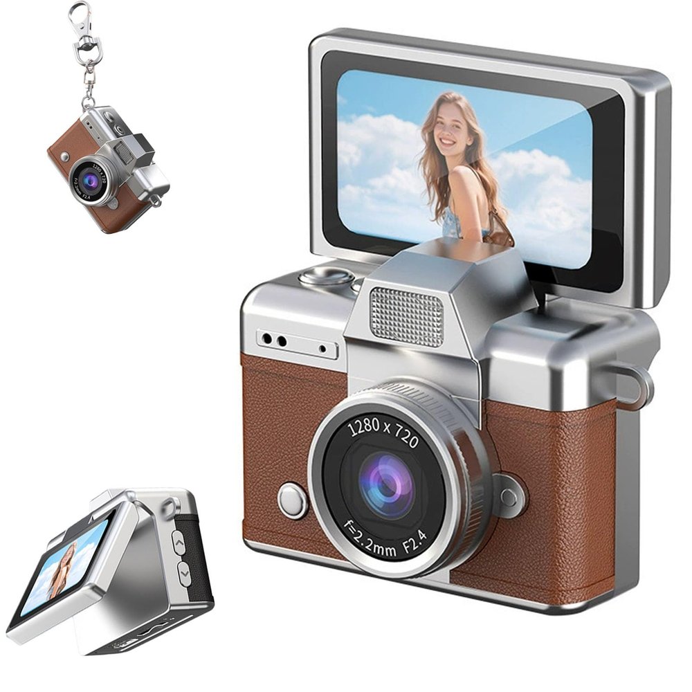 2026 New Mini Digital Camera with 1.47 in LCD Screen 1080P, Mini Keychain Retro Camera with 32GB Card, Keychain Camera with flip Screen, Ideal for Travel, Study, Concerts (Brown,No Memory Card)