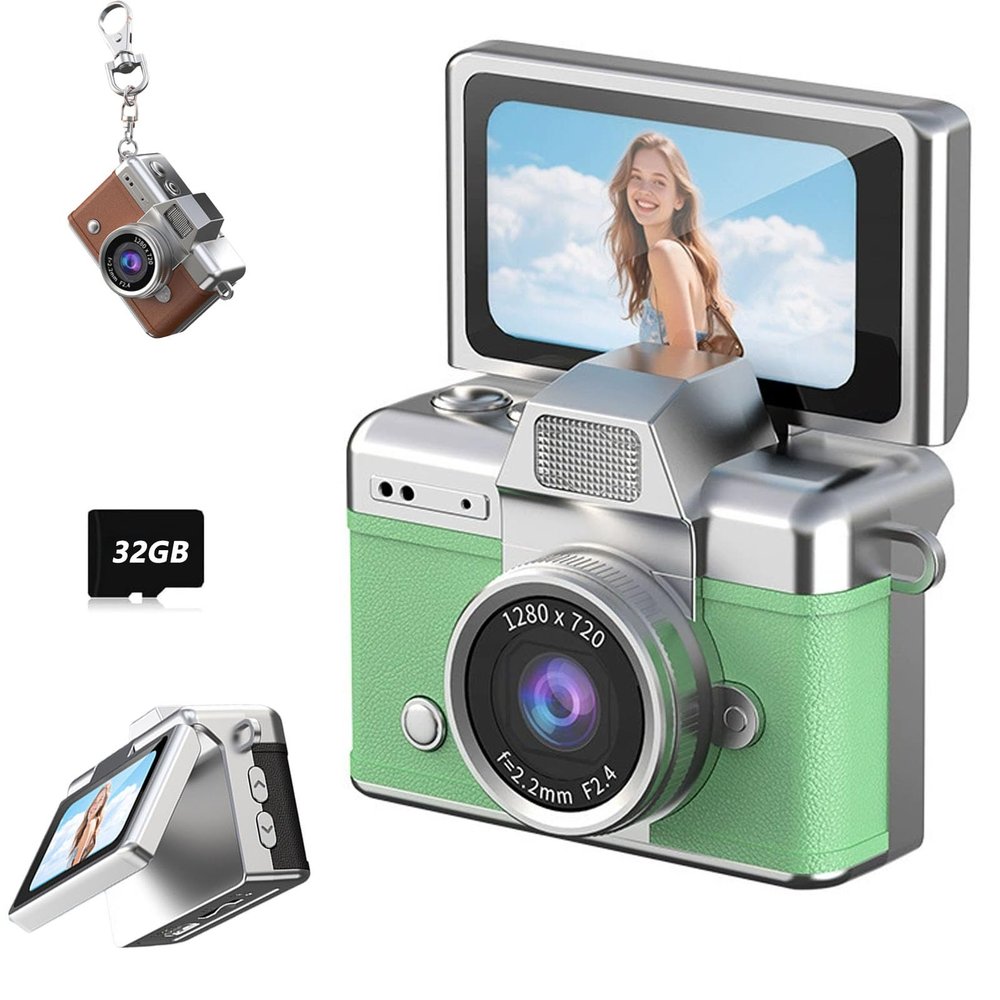 2026 New Mini Digital Camera with 1.47 in LCD Screen 1080P, Mini Keychain Retro Camera with 32GB Card, Keychain Camera with flip Screen, Ideal for Travel, Study, Concerts (Green,with Memory Card)