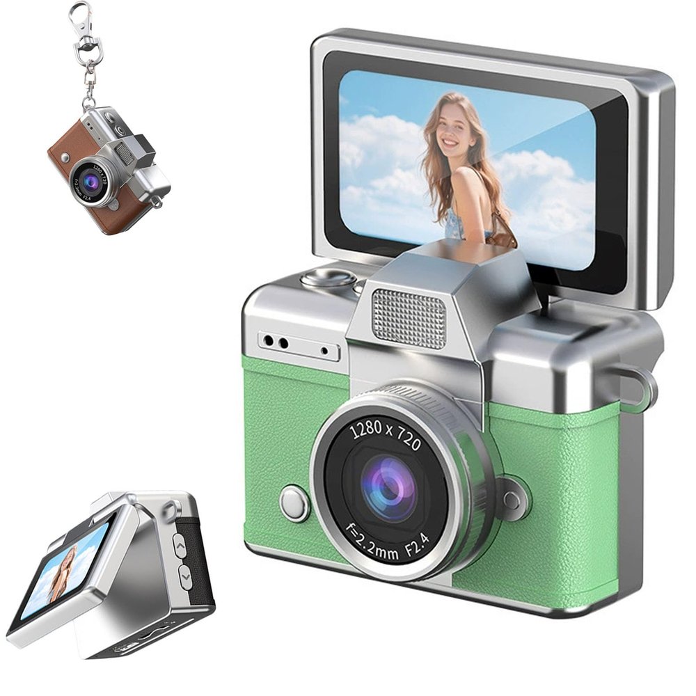 2026 New Mini Digital Camera with 1.47 in LCD Screen 1080P, Mini Keychain Retro Camera with 32GB Card, Keychain Camera with flip Screen, Ideal for Travel, Study, Concerts (Green,No Memory Card)