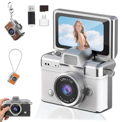 2026 New Mini Digital Camera with 1.47 in LCD Screen, Mini Retro Keychain Camera with 1080P HD Flip Screen, Built-in Flash, 32 or 64GB Card, Strap and Keychain for Travel & Daily Use (White,64G)