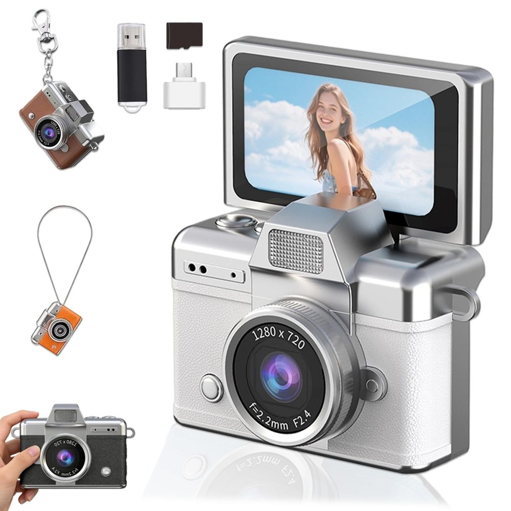 2026 New Mini Digital Camera with 1.47 in LCD Screen, Mini Retro Keychain Camera with 1080P HD Flip Screen, Built-in Flash, 32 or 64GB Card, Strap and Keychain for Travel & Daily Use (White,64G)