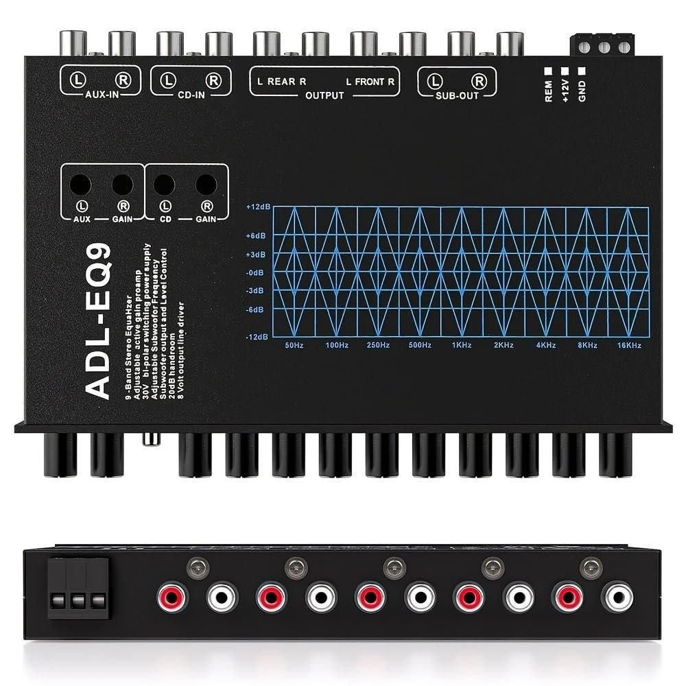 9-Band Car Audio Equalizer with Adjustable Frequency | Graphic EQ with Front, Rear & Sub Outputs | 8V RMS Line Driver | Compatible with Car & Boat - CD/AUX Input & White Light Illumination (EQ9)