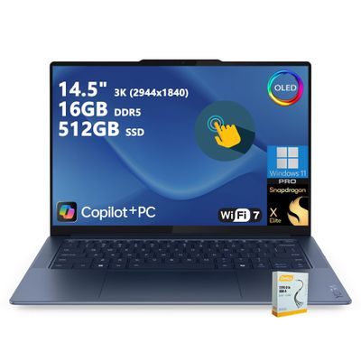 Lenovo Yoga Slim 7X AI PC Laptop | 14.5" 3K 90Hz OLED Touch | Snapdragon X Elite (Up to 45 NPU Tops) | 16GB DDR5 512GB SSD | for Professional Work Backlit Wi-Fi 7 Win11 Pro w/DLCA Accessory