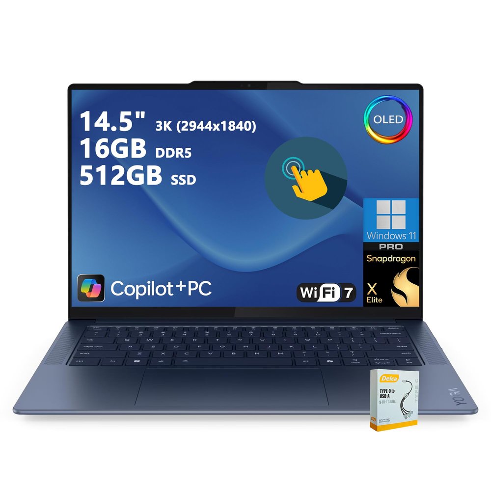 Lenovo Yoga Slim 7X AI PC Laptop | 14.5" 3K 90Hz OLED Touch | Snapdragon X Elite (Up to 45 NPU Tops) | 16GB DDR5 512GB SSD | for Professional Work Backlit Wi-Fi 7 Win11 Pro w/DLCA Accessory