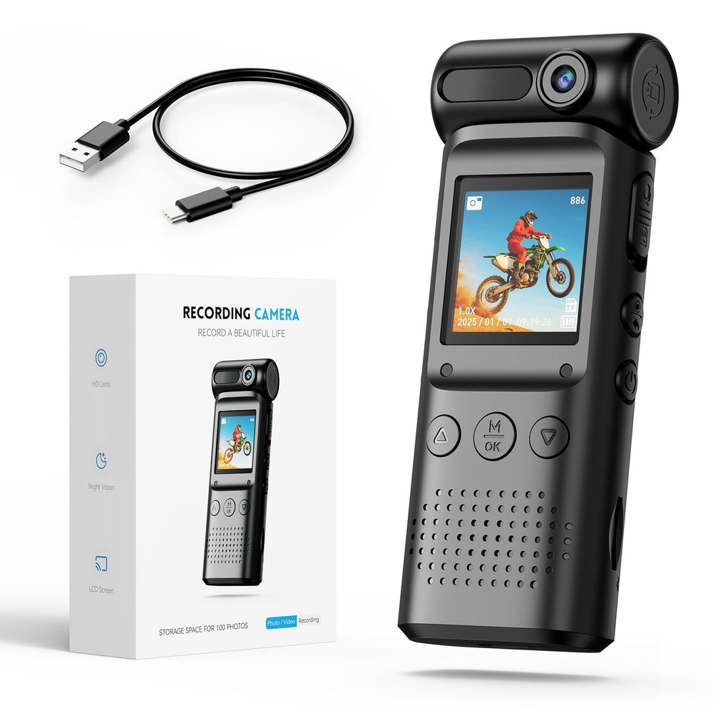 Action Camera with LCD Screen and 180 Rotating Lens, 1080P HD Wearable Sports and Video Log, Night Vision, 5X Zoom, Magnetic, Action Camera Waterproof Suitable for Sports, Cycling, Fishing